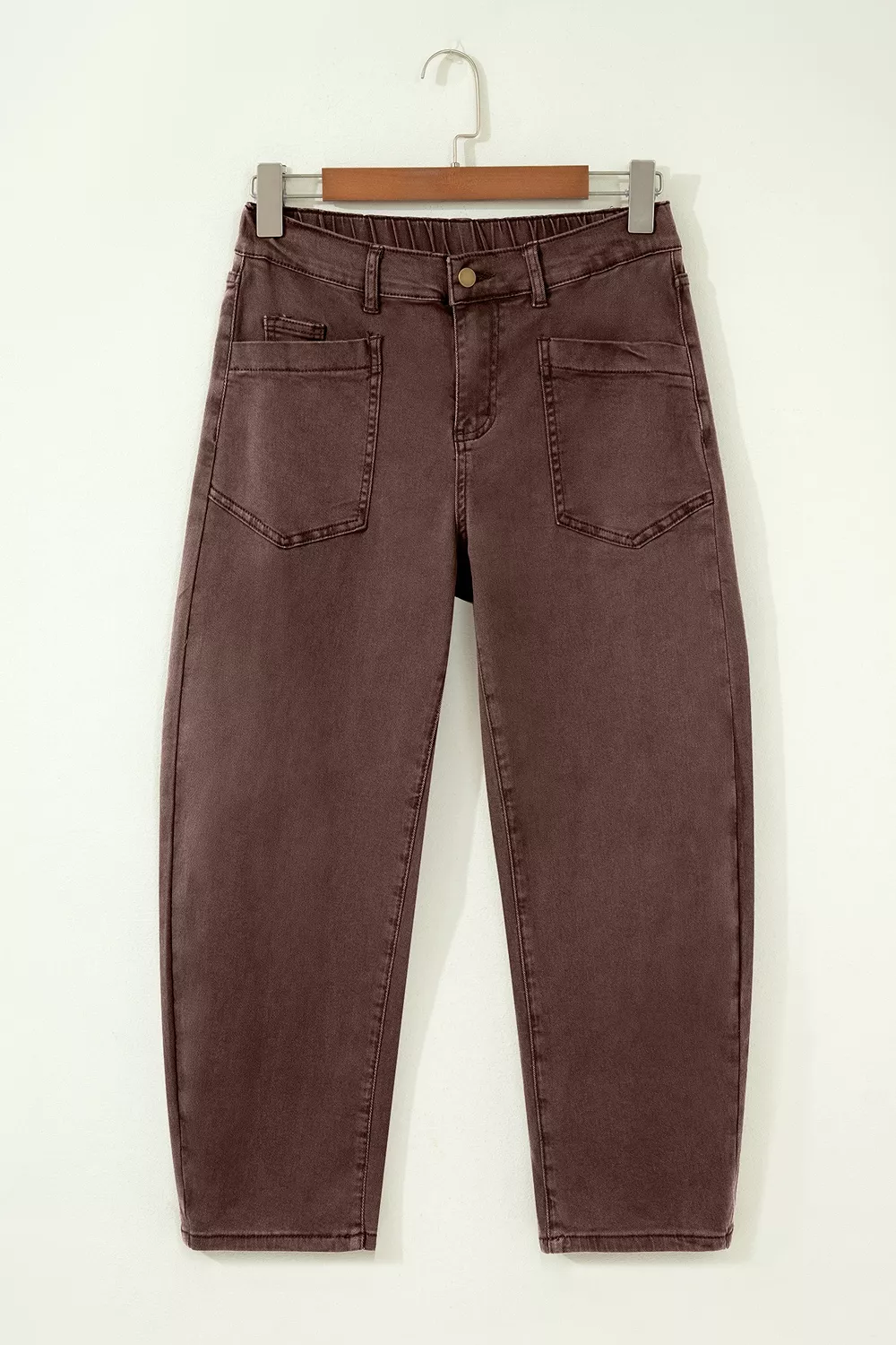 Solid Color Square Patch Pocket Ankle-length Barrel Jeans - Image 10