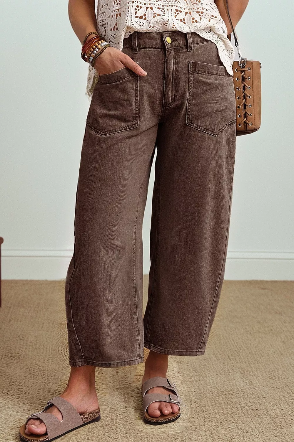 Solid Color Square Patch Pocket Ankle-length Barrel Jeans - Image 6