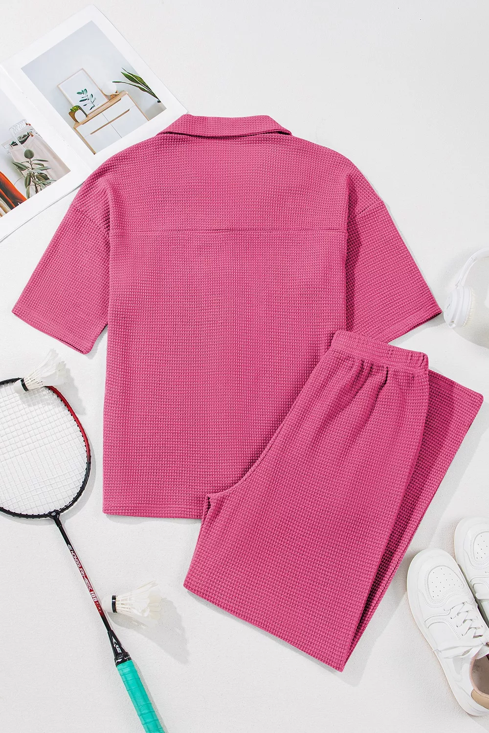 Solid Color Textured Buttoned Shirt and Casual Pants Set - Image 5