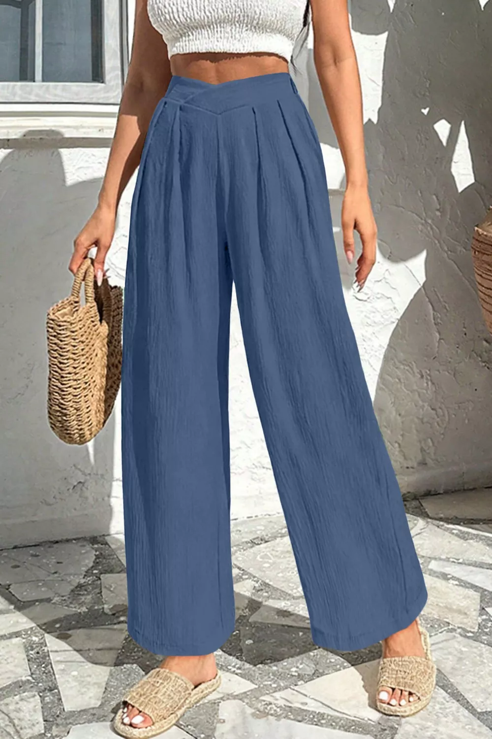 Solid Color Textured Crossed Waist Loose Pants