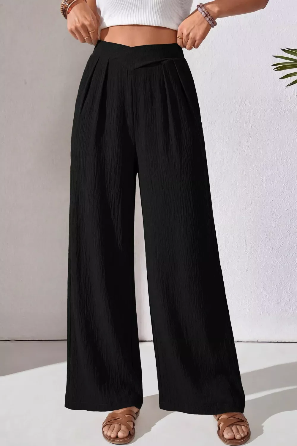 Solid Color Textured Crossed Waist Loose Pants - Image 10