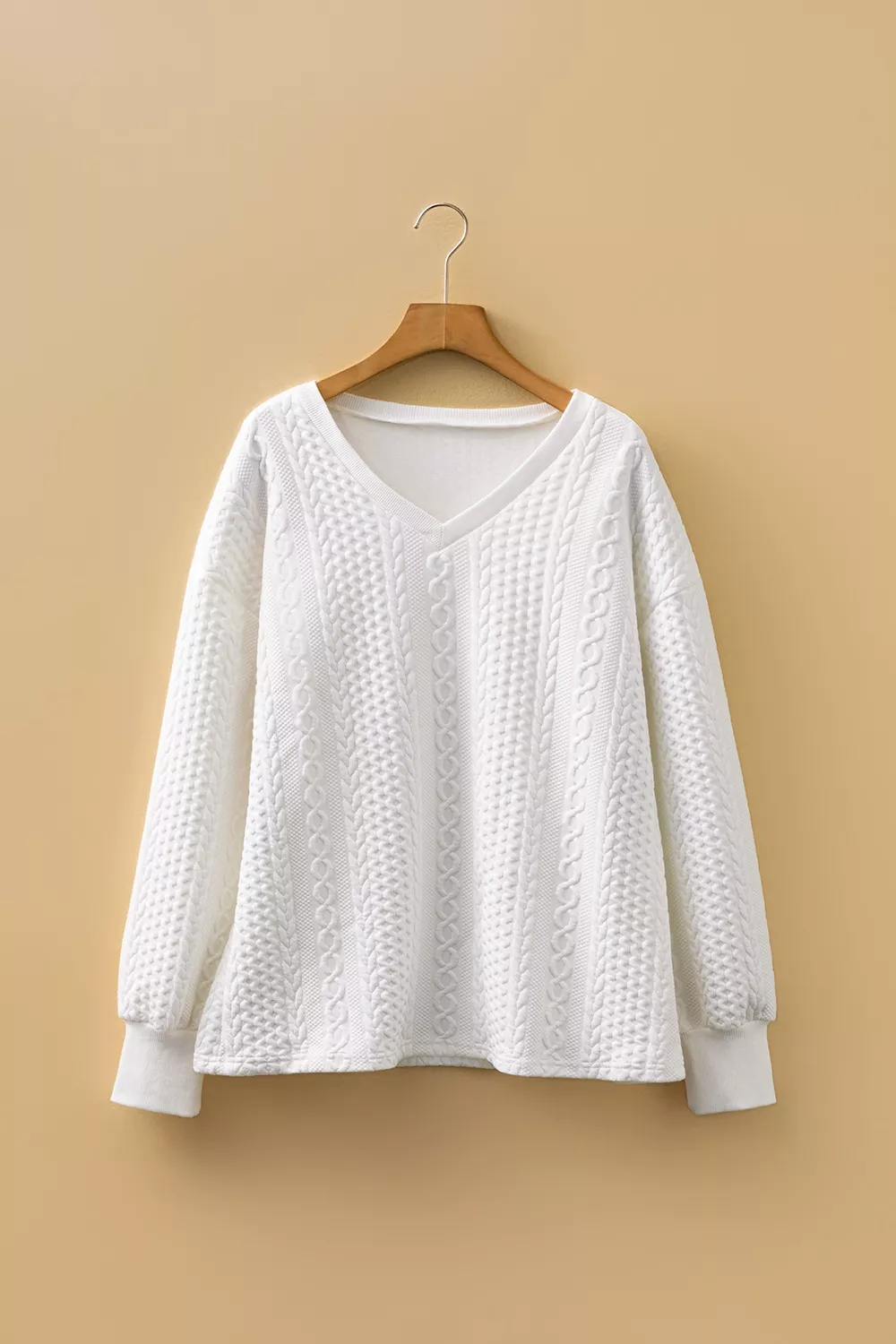 Solid Color Textured V Neck Drop Shoulder Knit Top - Image 5