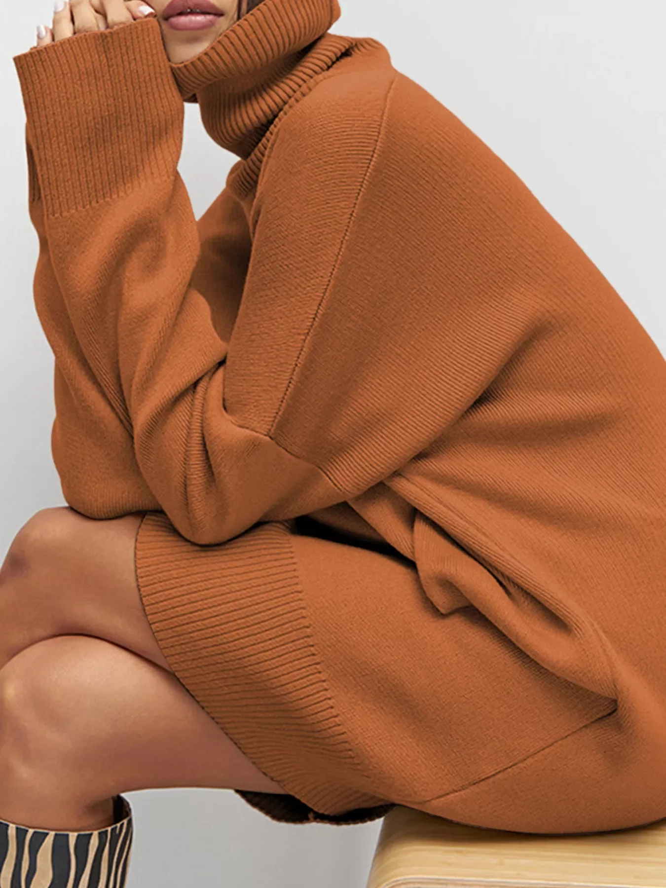 Solid Color Turtleneck Drop Shoulder Loose Sweater Dress - Image 4