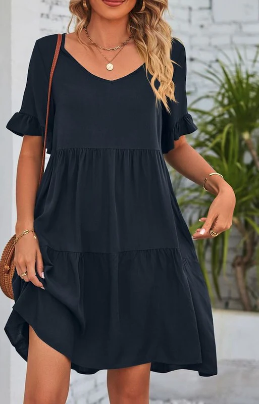 Solid Color V Neck Tiered Dress - Image 4