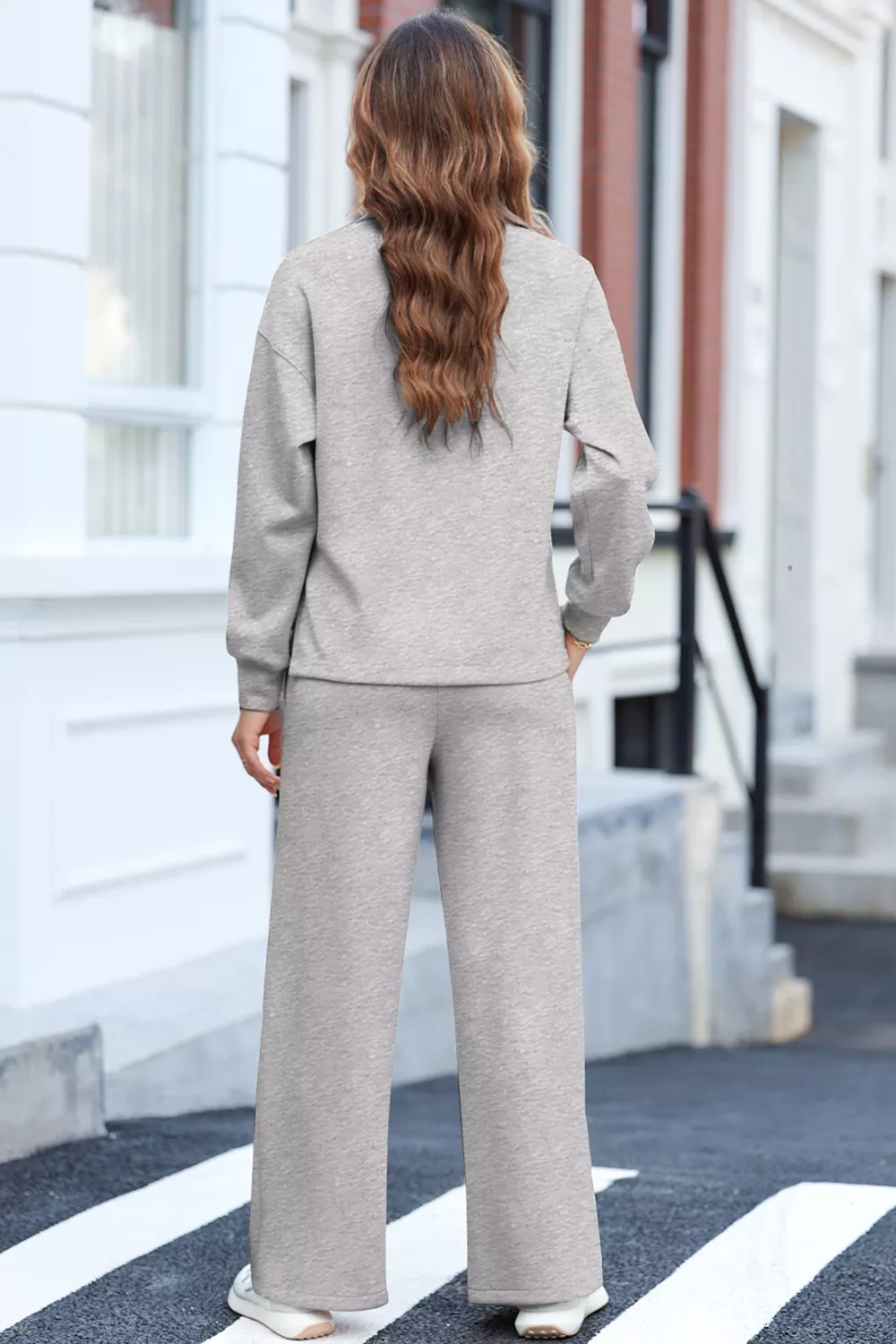Solid Color V Neck Top and High Waist Pants Set - Image 5