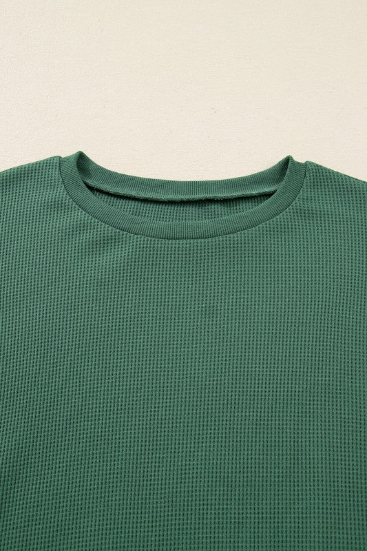 Solid Ribbed Raw Seam Patchwork Drop Shoulder Swea - Image 5