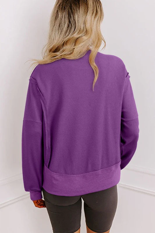Solid Ribbed Raw Seam Patchwork Drop Shoulder Swea - Image 9
