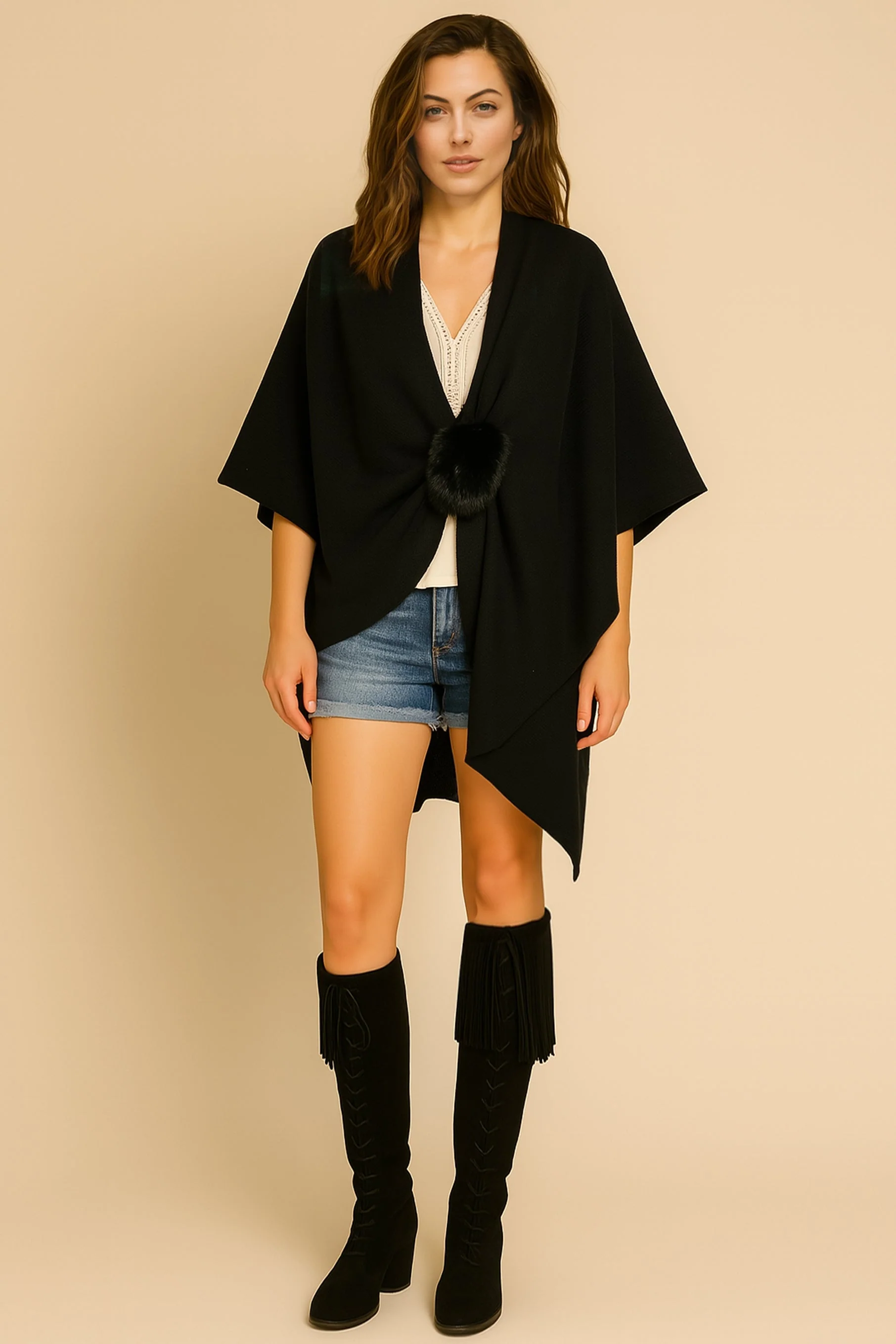 Solid Ruana with Fur Strap - Image 13