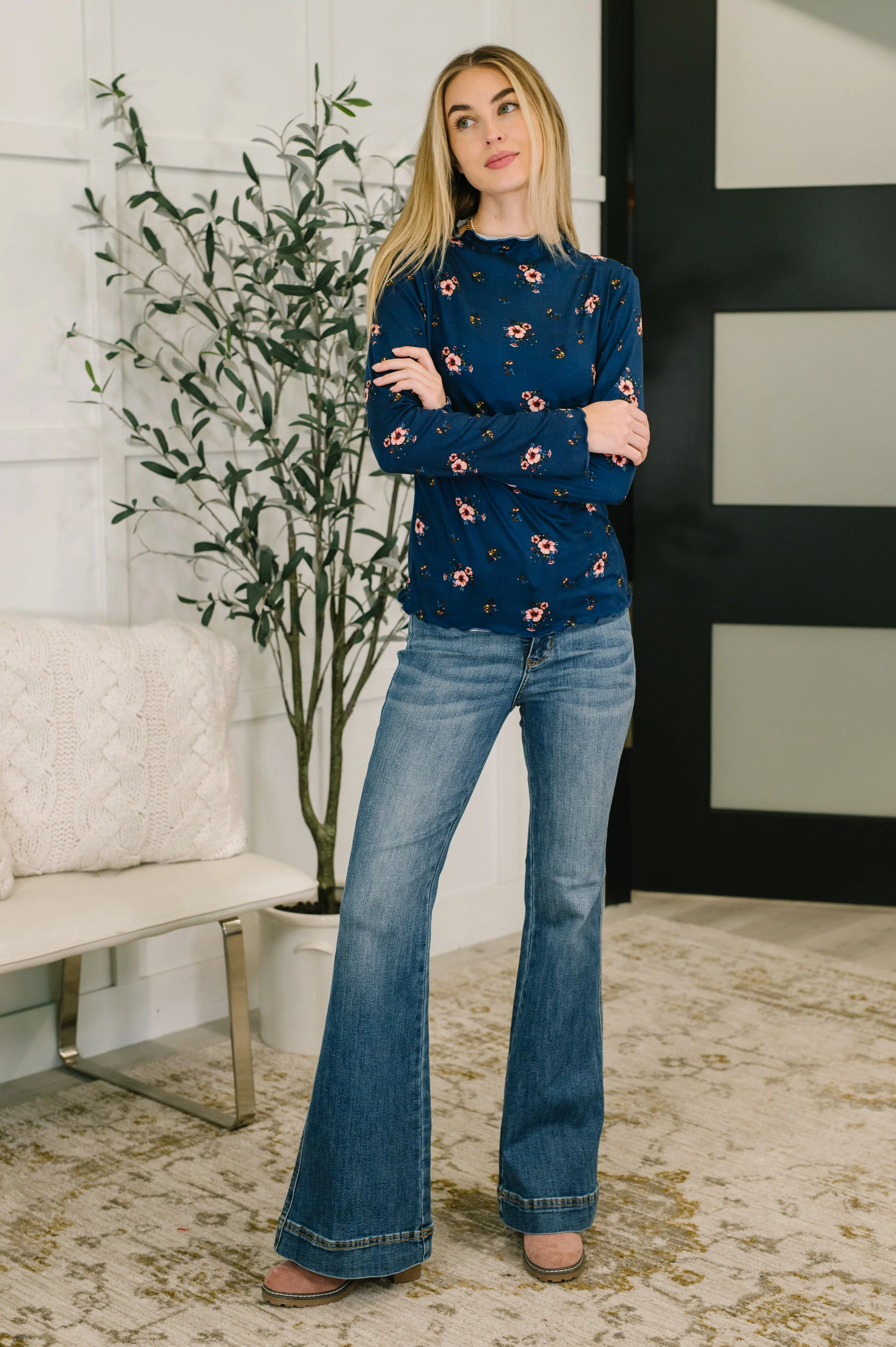 Something in the Air Lettuce Hem Longsleeve Top in Navy - Image 3