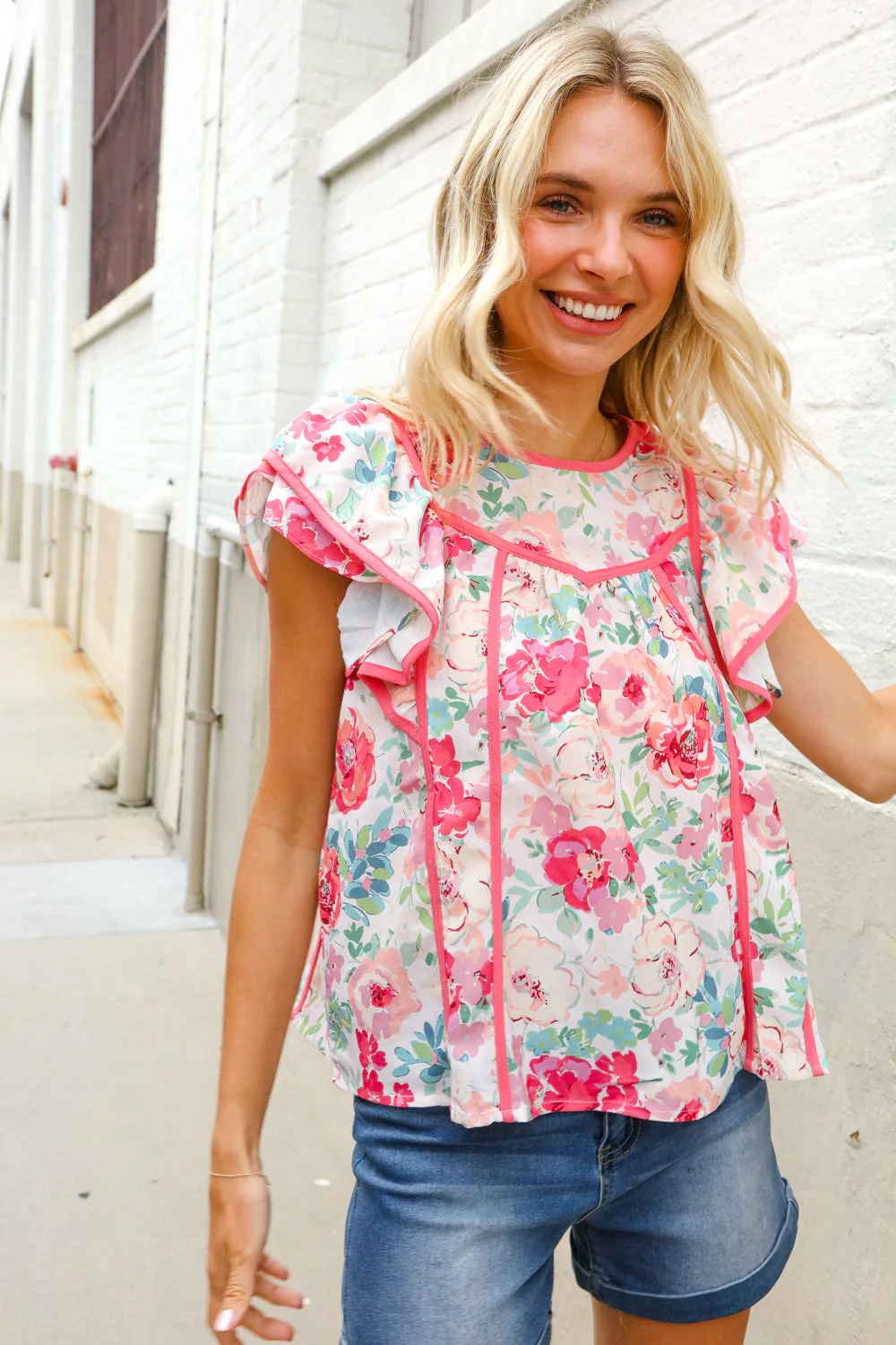 Southern Nights Pink Contrast Binding Floral Flutter Sleeve Top - Image 10