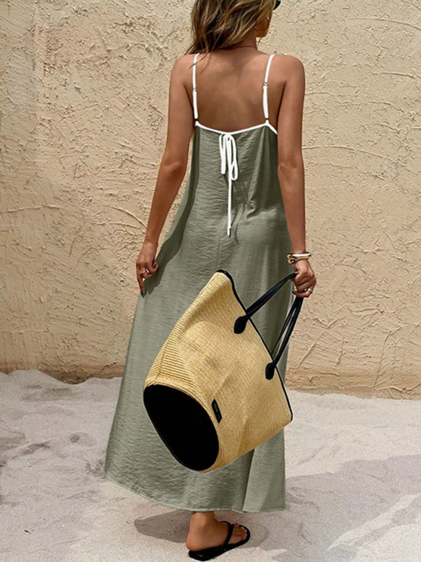 Spaghetti Strap Maxi Dress with Contrasting Trim - Image 2