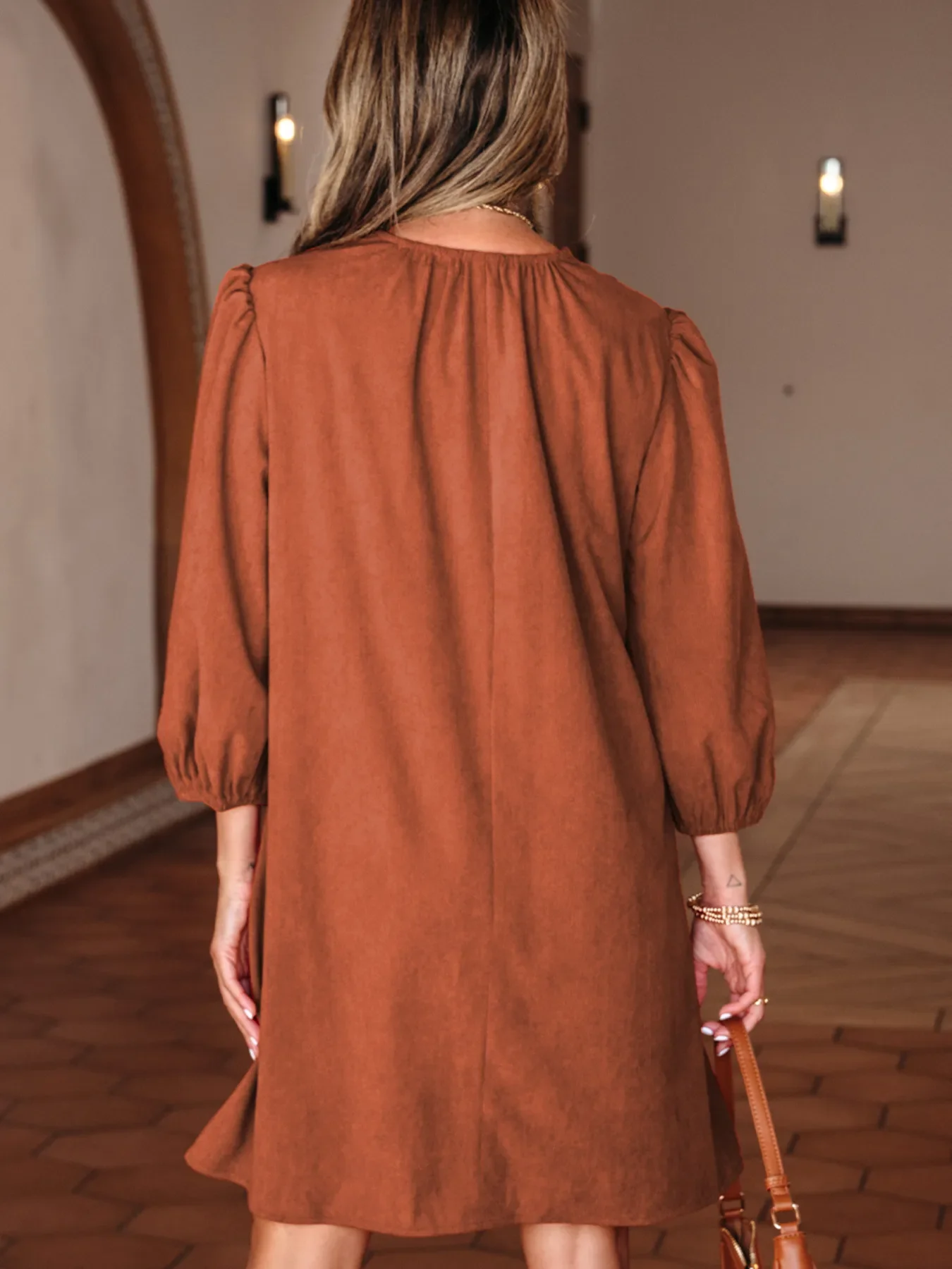 Split Neck Scallop Detail Corduroy Mini Dress - Image 2