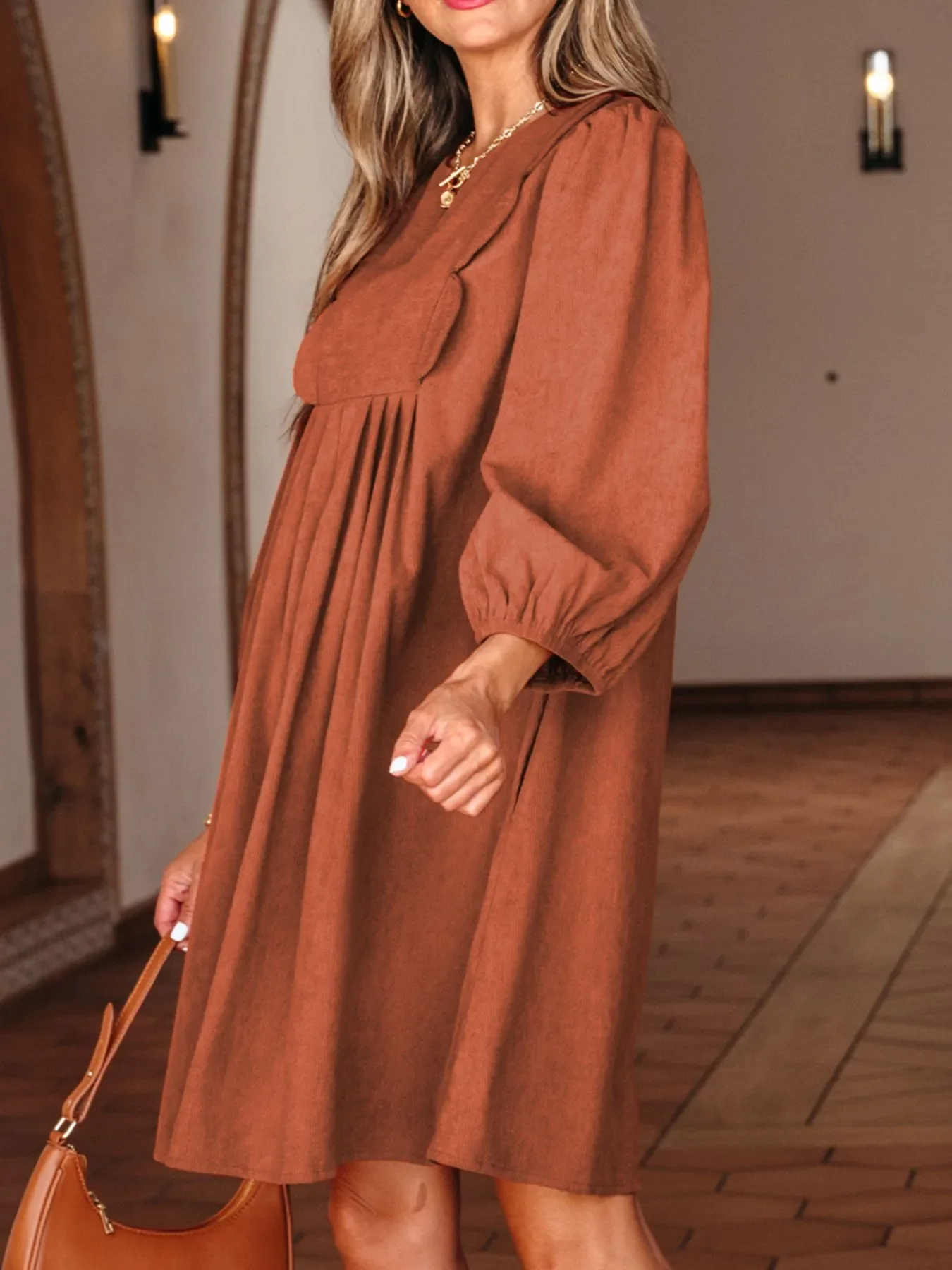 Split Neck Scallop Detail Corduroy Mini Dress - Image 5