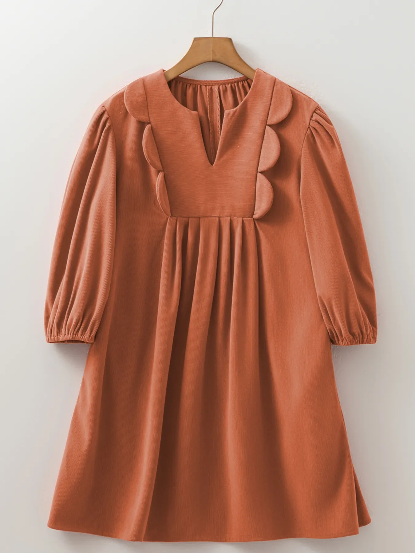 Split Neck Scallop Detail Corduroy Mini Dress - Image 8