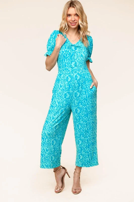 PLUS Spring Vibes Aqua Ikat Print Ruffle Sleeve Wide Leg Jumpsuit - Image 4