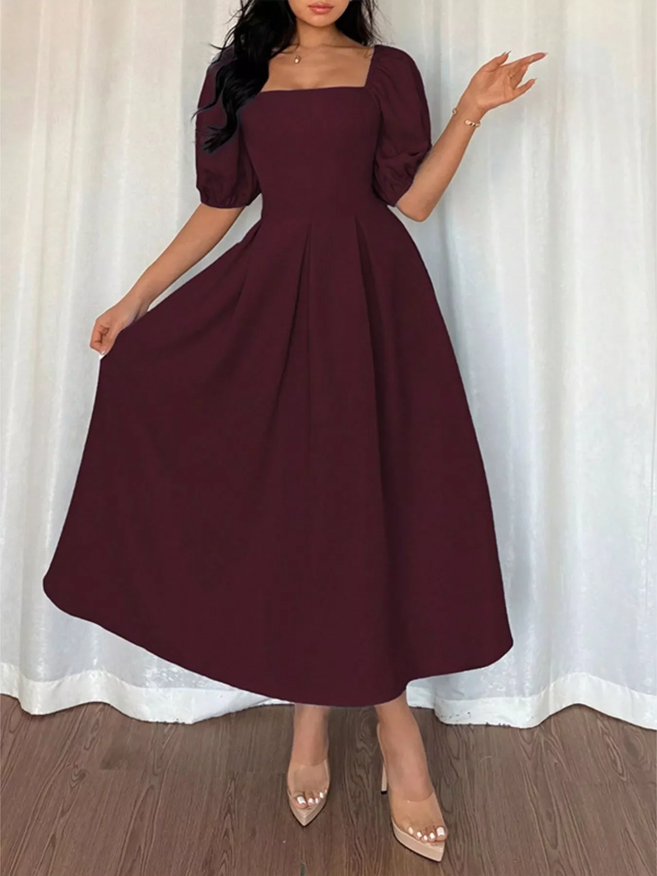 Square Neck Flutter Sleeve Midi Dress - Image 4