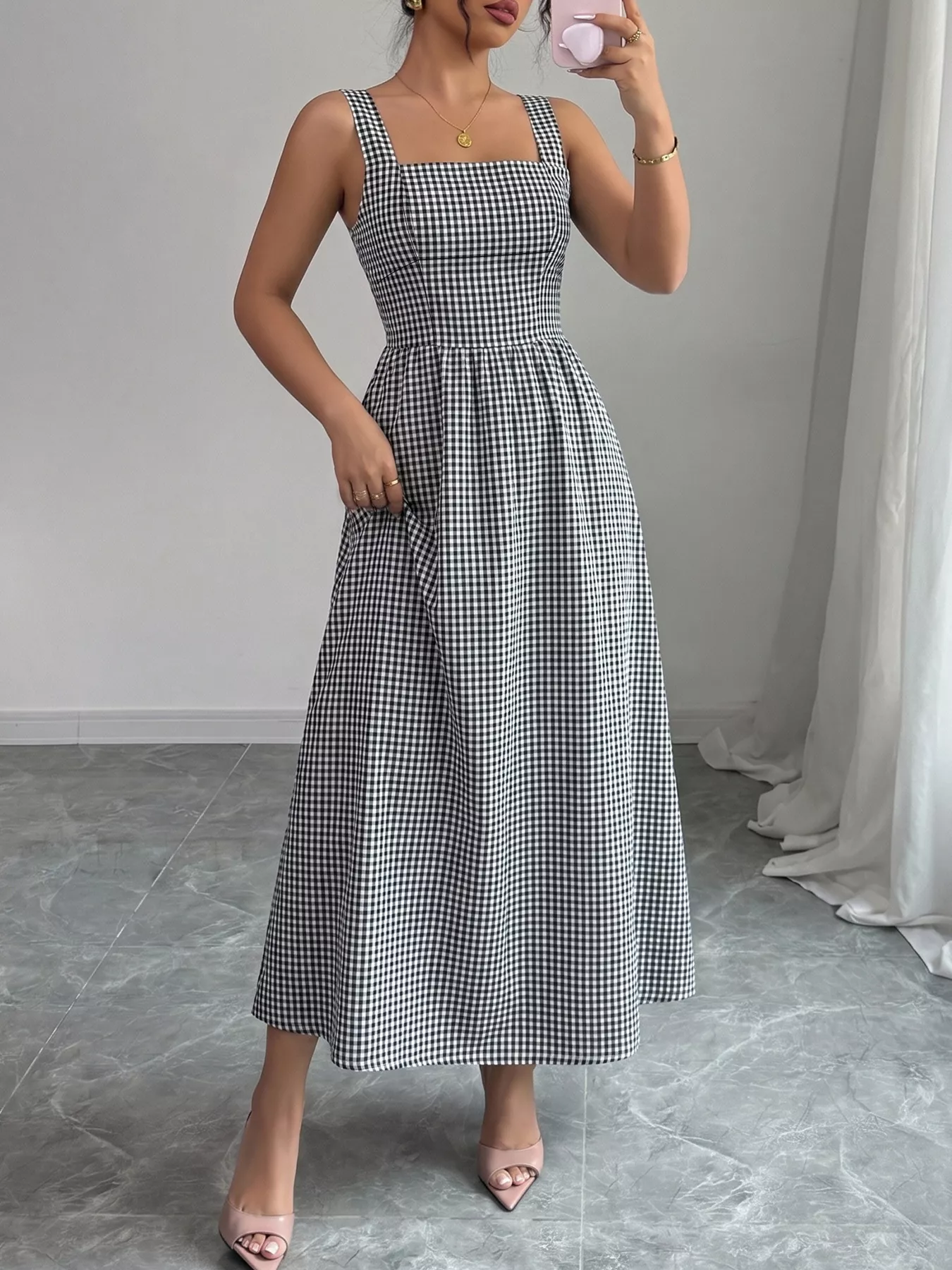 Square Neck Gingham Midi Dress - Image 2