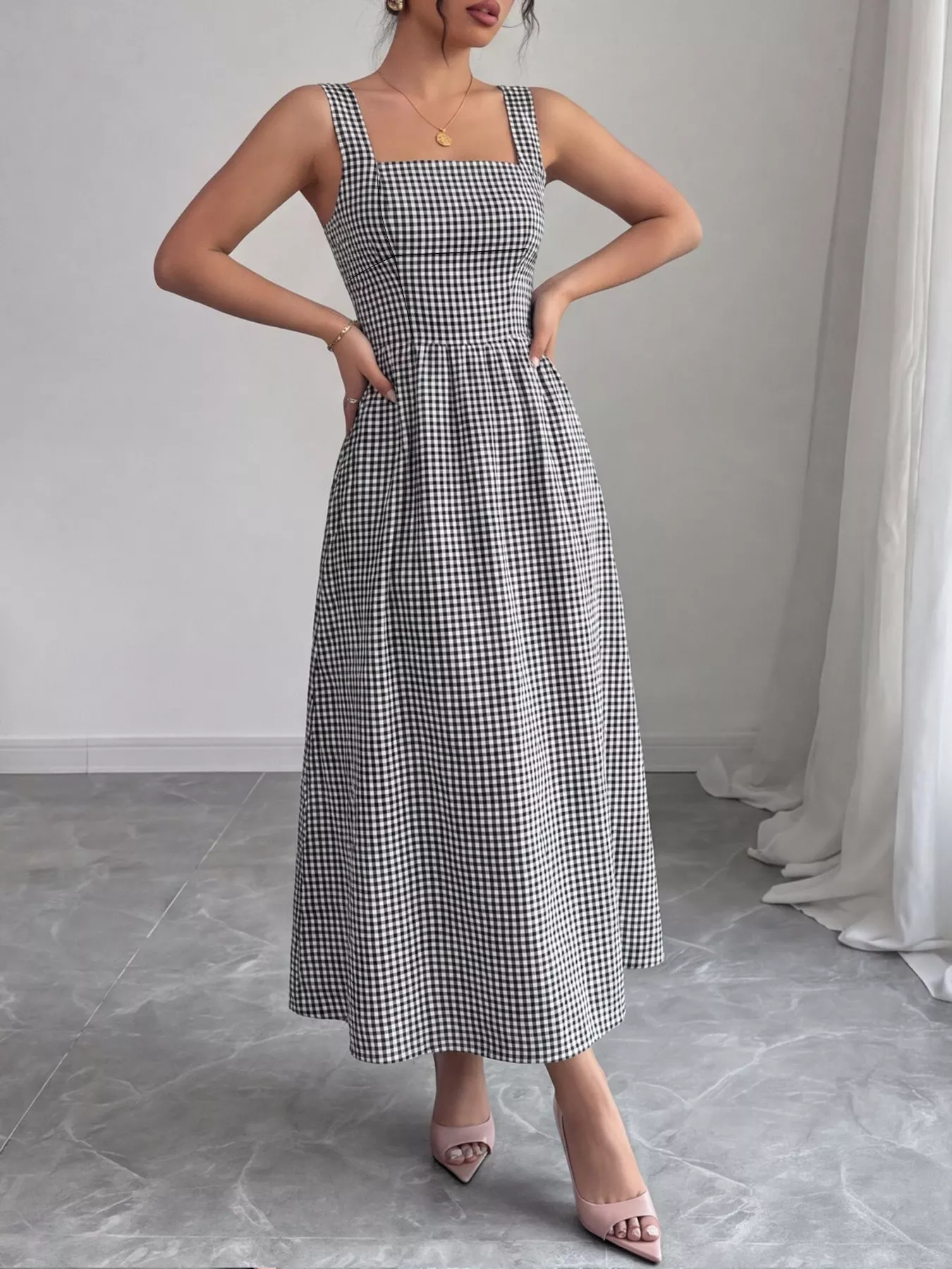 Square Neck Gingham Midi Dress - Image 3