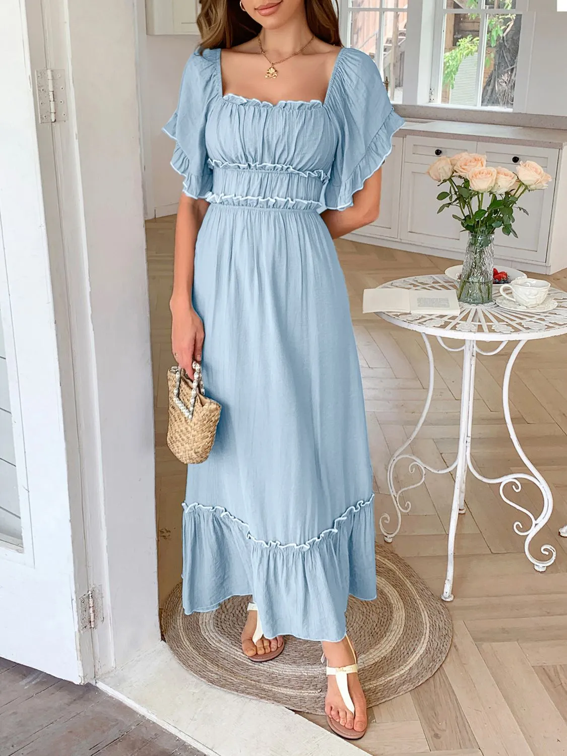 Square Neck Puff Sleeve Ruffle Trim Maxi Dress - Image 12