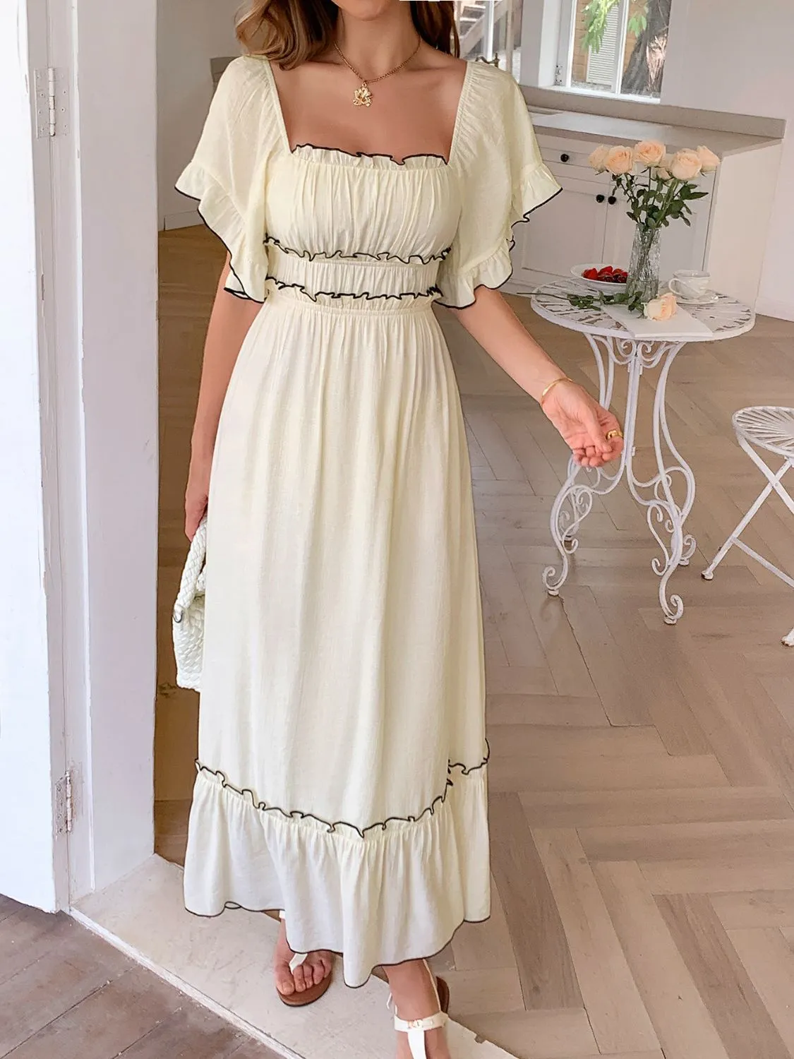 Square Neck Puff Sleeve Ruffle Trim Maxi Dress - Image 3