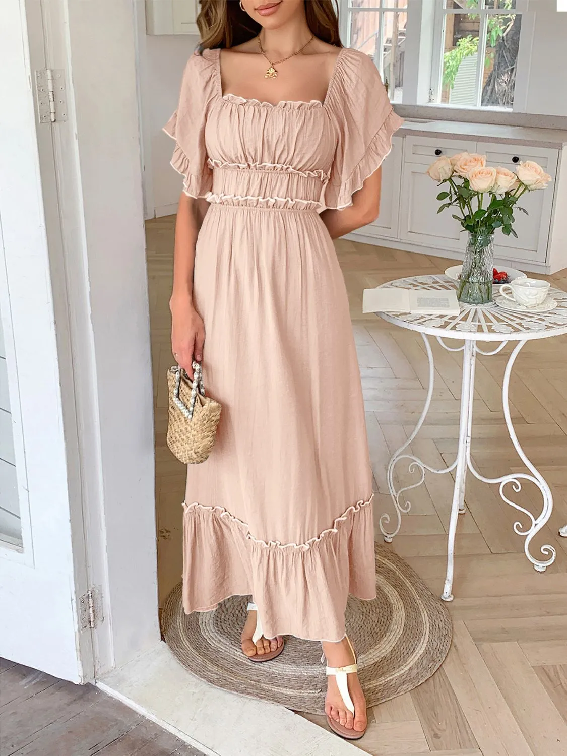 Square Neck Puff Sleeve Ruffle Trim Maxi Dress - Image 4