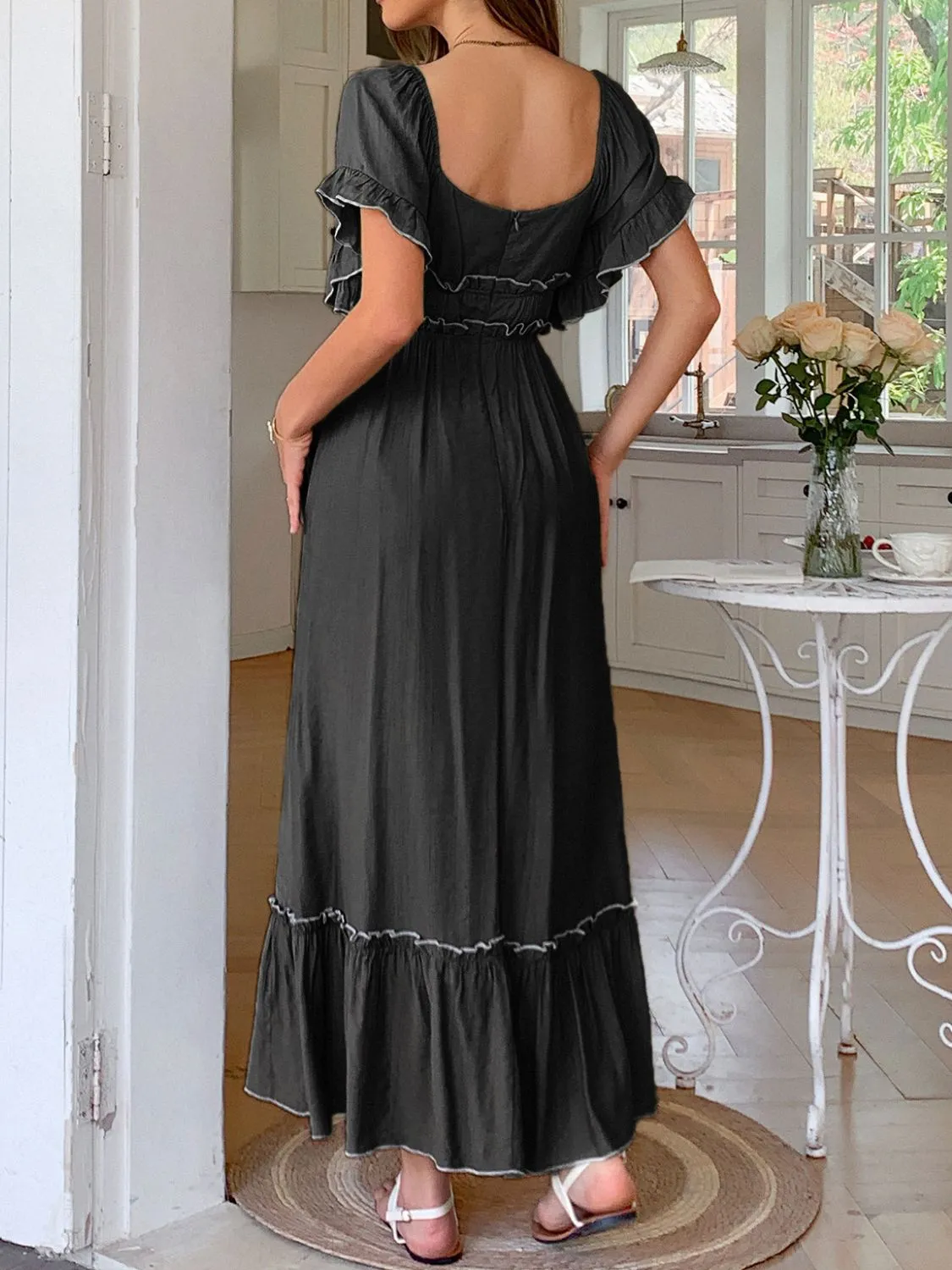 Square Neck Puff Sleeve Ruffle Trim Maxi Dress - Image 9