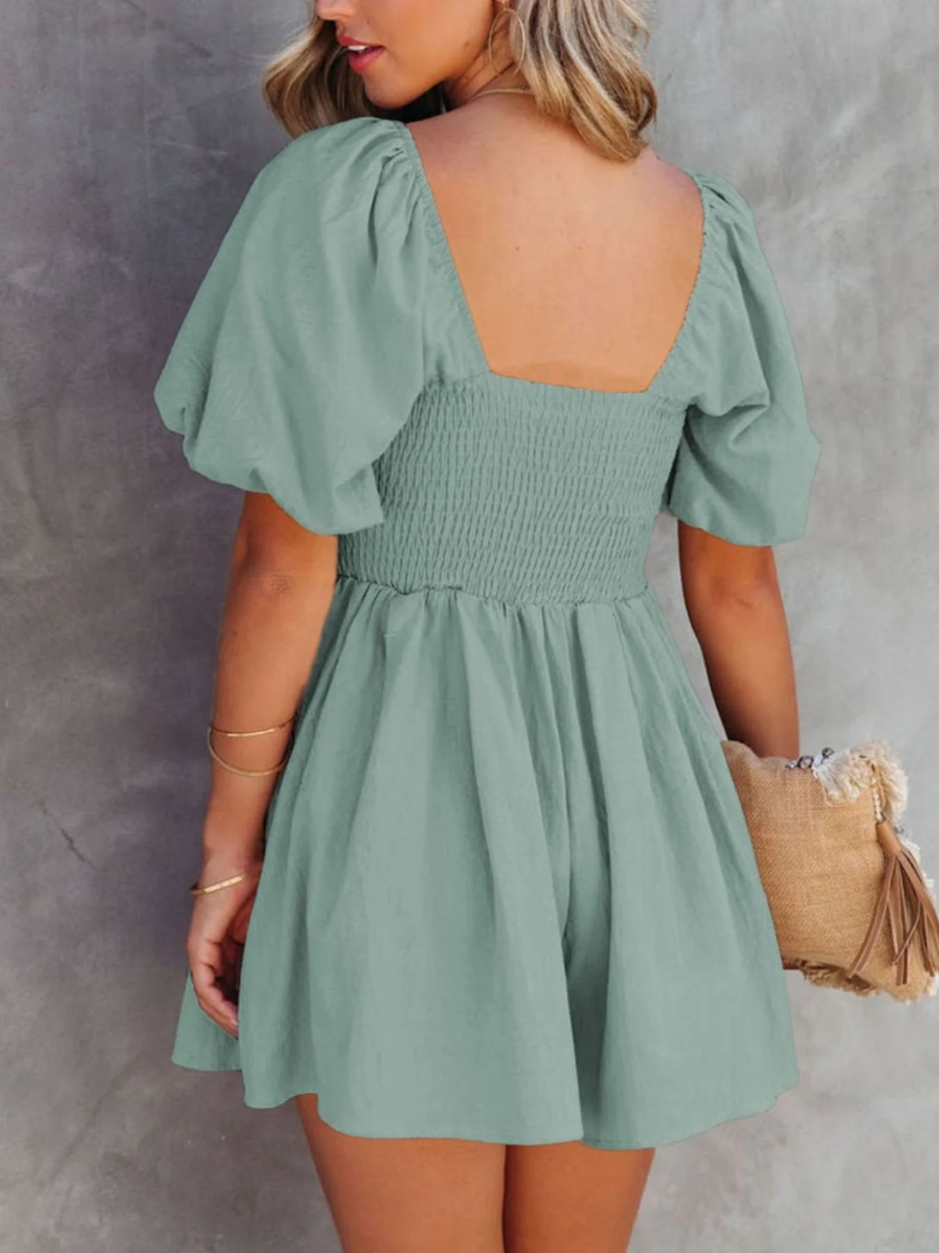 Square Neck Ruched Puff Sleeve Romper - Image 2