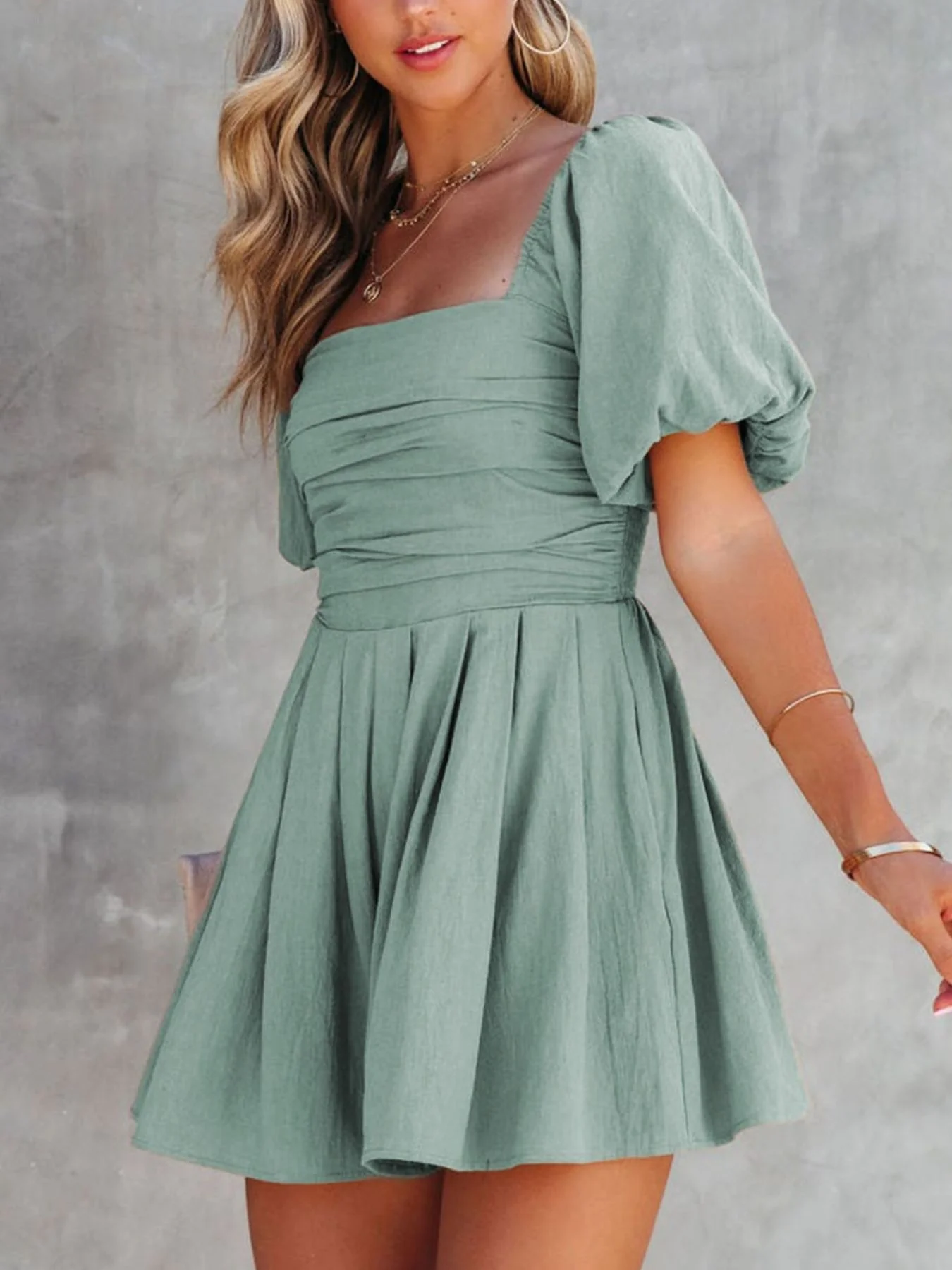 Square Neck Ruched Puff Sleeve Romper - Image 3