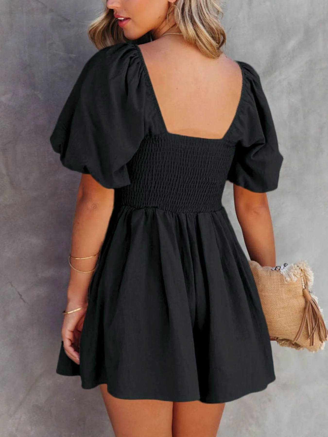 Square Neck Ruched Puff Sleeve Romper - Image 8