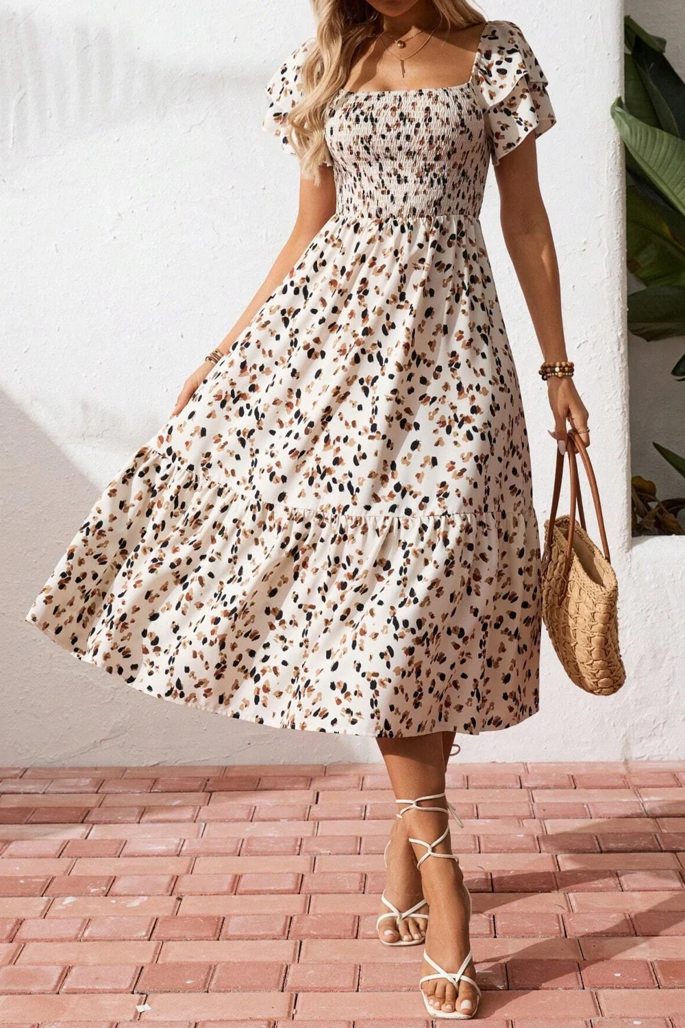 Square Neck Ruffle Sleeve Midi Dress - Image 4
