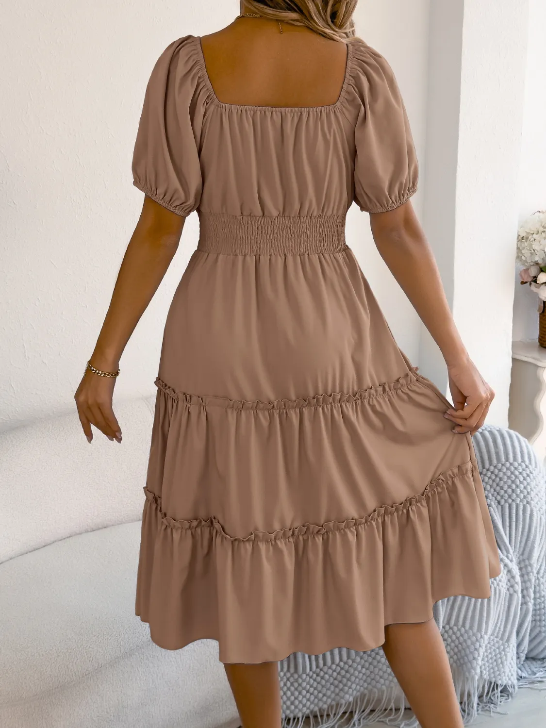 Square Neck Short Puff Sleeve Dress - Image 3