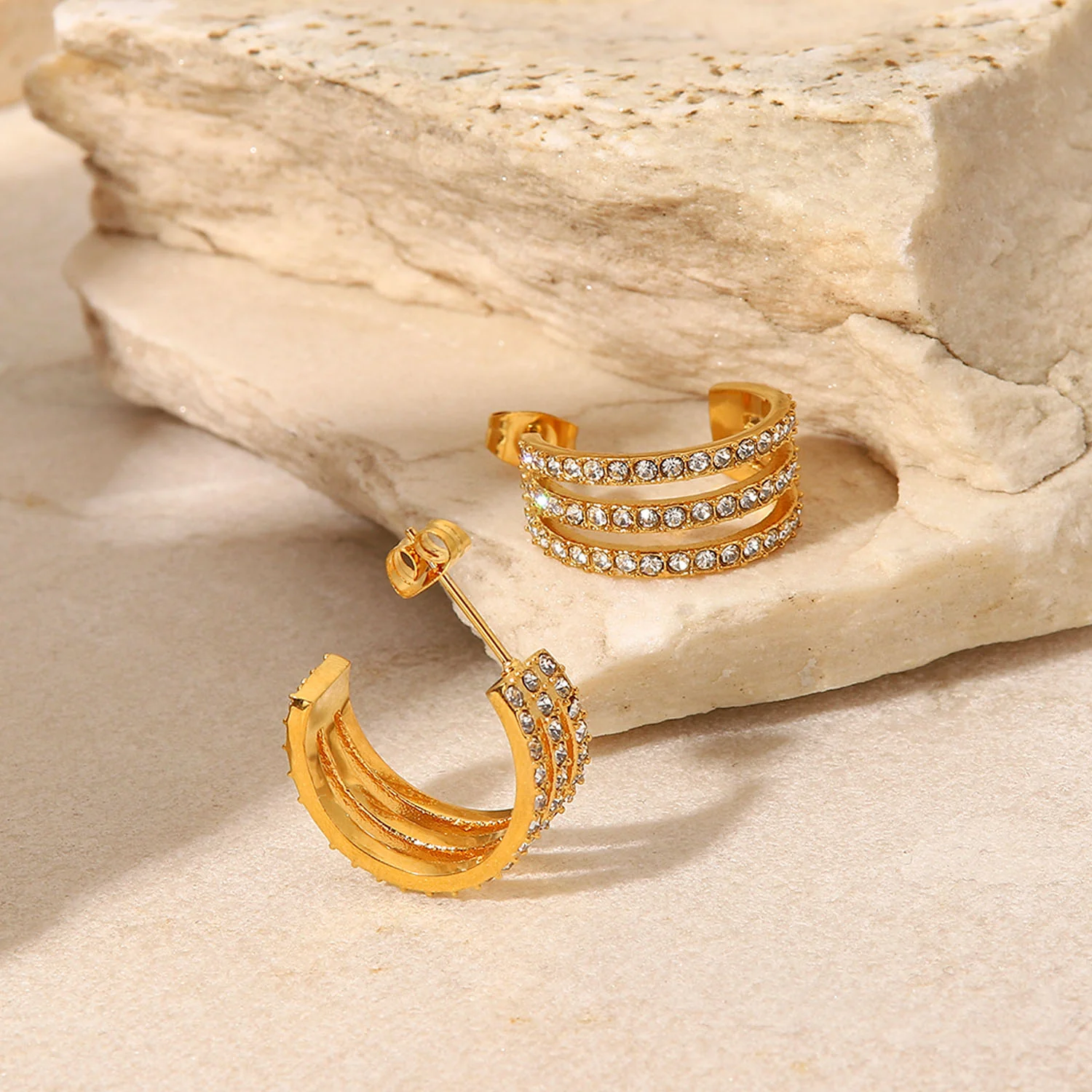 Stainless Steel Inlaid Zircon C-Hoop Earrings - Image 5