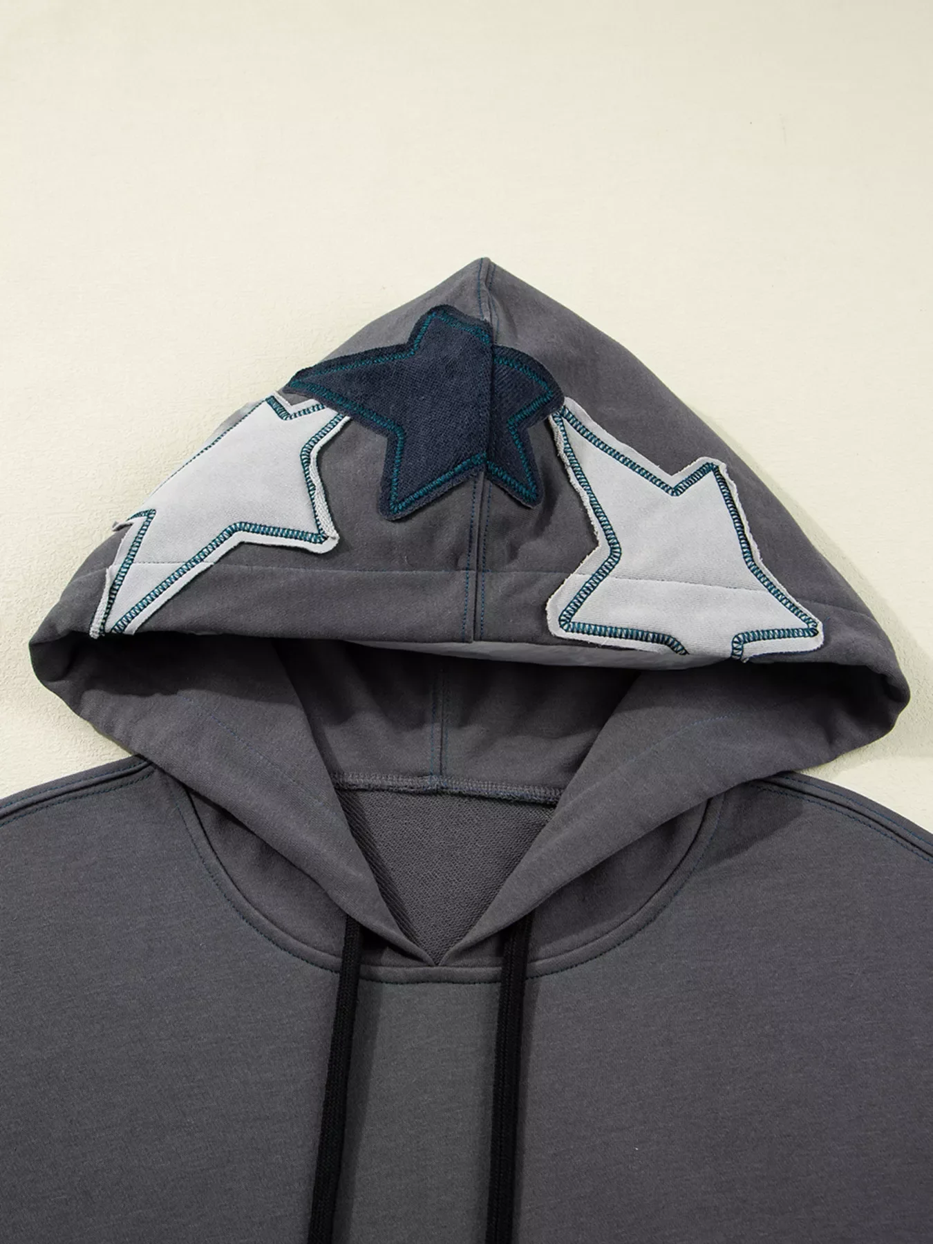 Star Patchwork Contrast Stitching Mineral Wash Kangaroo Pocket Hoodie - Image 7