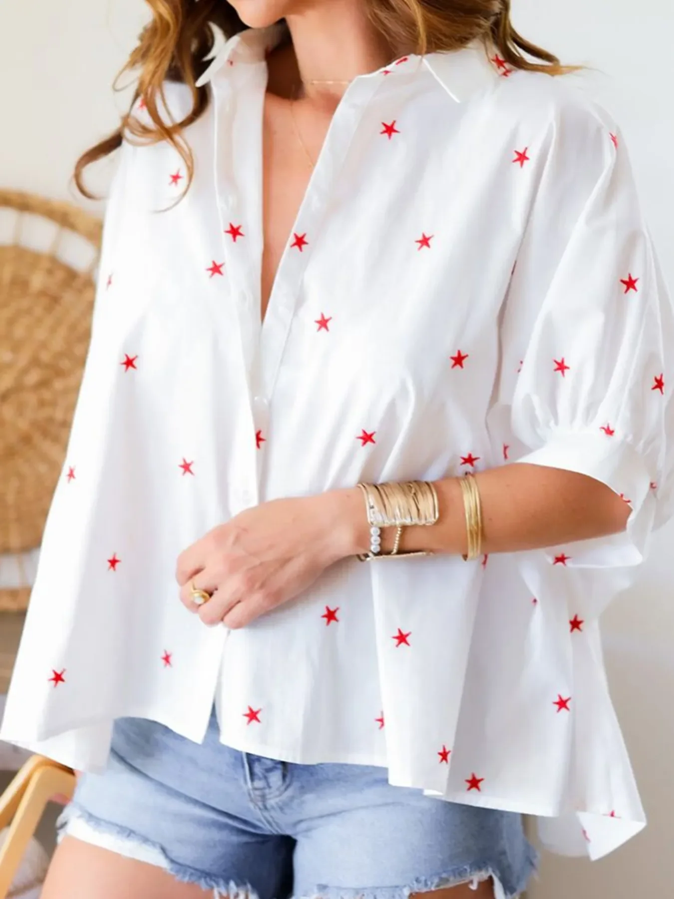 Star Print Puff Sleeve Button-Up Shirt