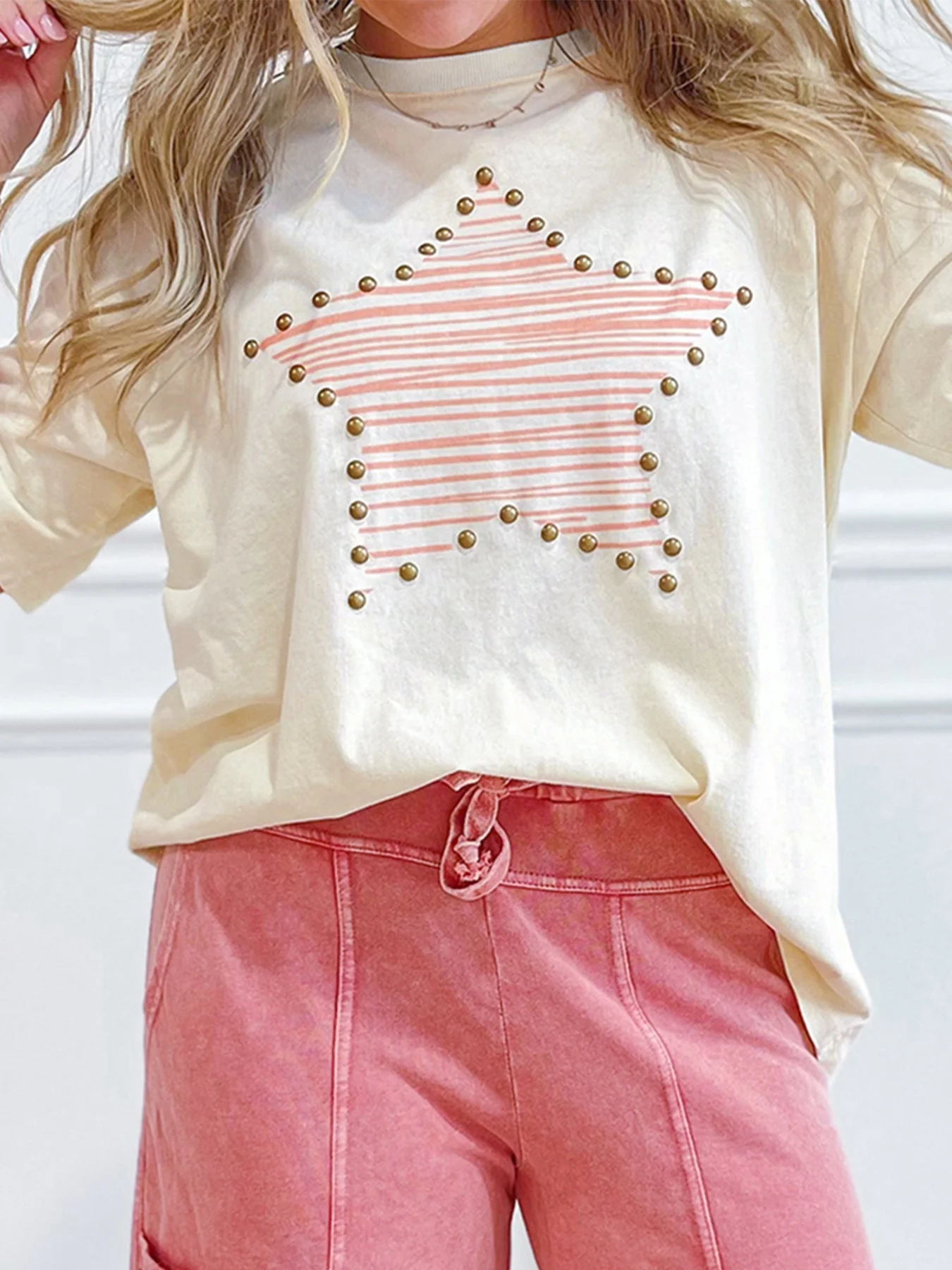 Star Print Stud Detail Cotton Jersey Top - Image 4
