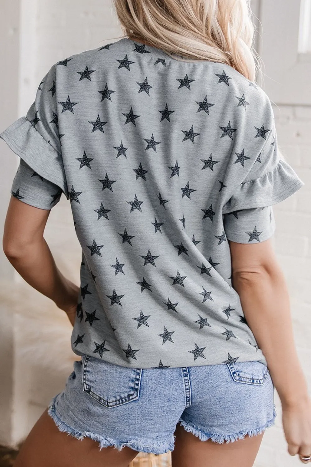 Star Print Tiered Ruffled Sleeve Crew Neck T Shirt - Image 3