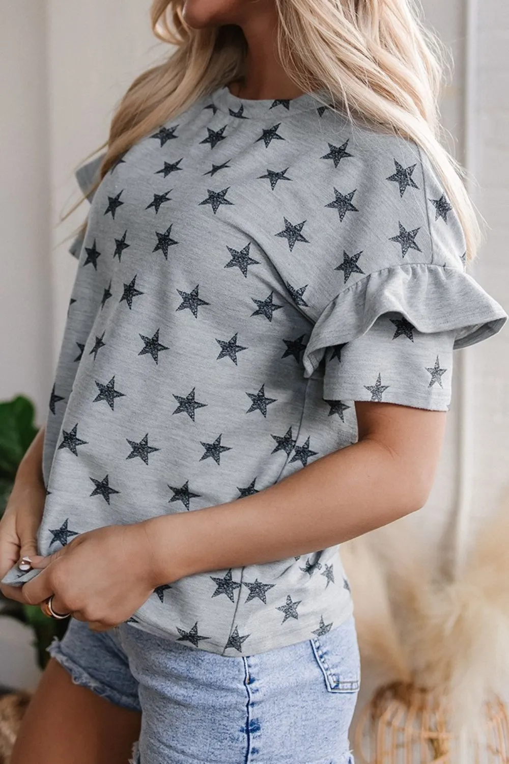 Star Print Tiered Ruffled Sleeve Crew Neck T Shirt - Image 4
