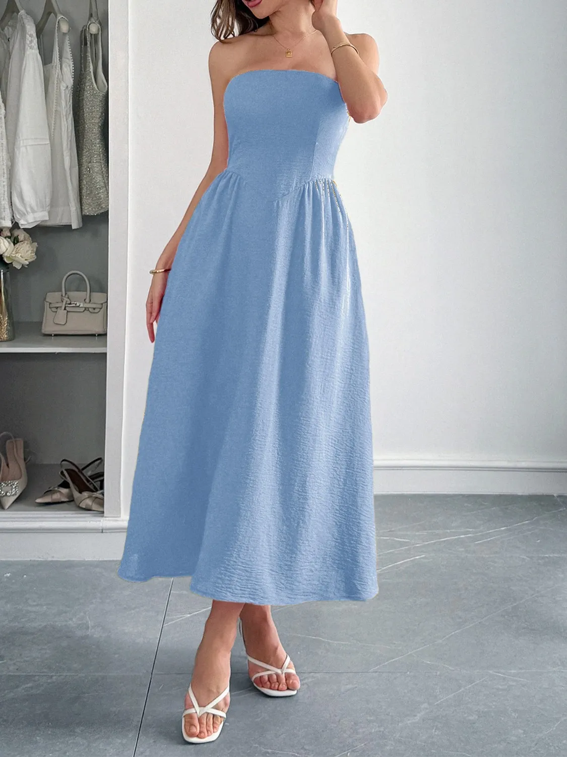 Strapless A-Line Midi Dress with Pockets - Image 11