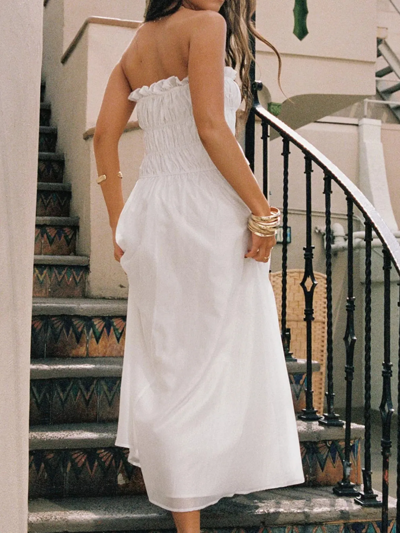Strapless Smocked Mini Dress with Asymmetric Hem - Image 4