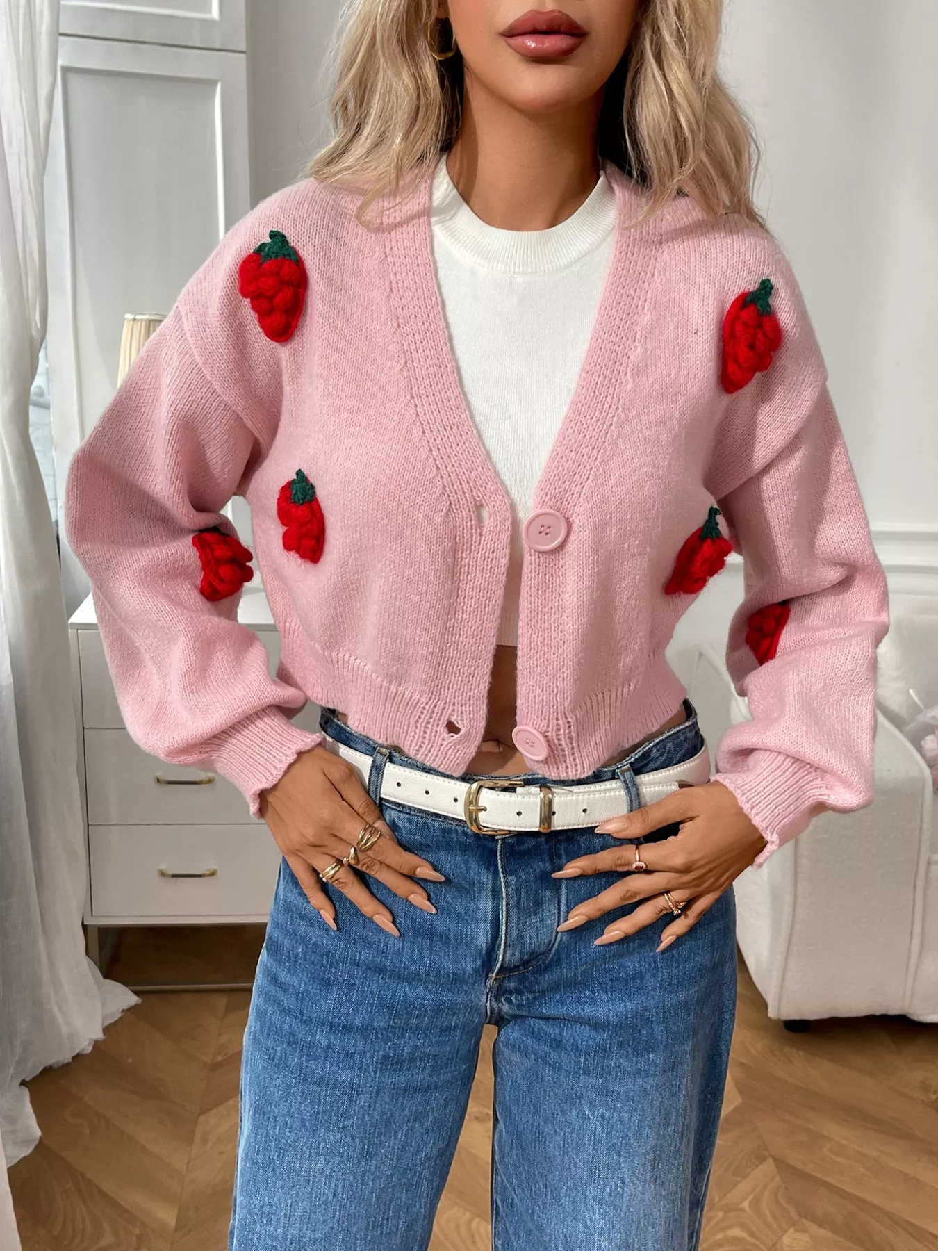 Strawberry Cropped Button-Up Cardigan - Image 12