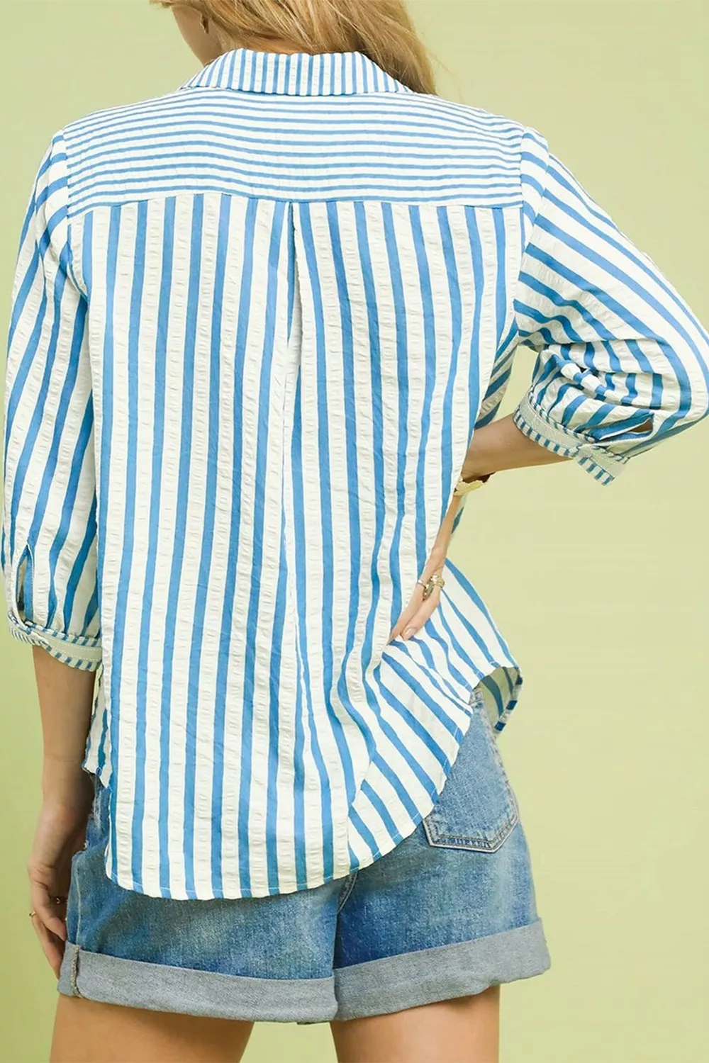 Stripe 3/4 Sleeve Collared Neck Blouse - Image 3