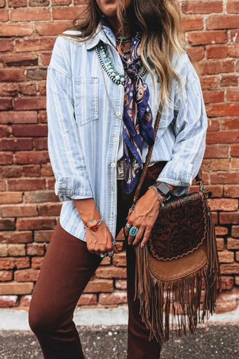 Stripe Boyfriend Chest Pocket Classic Denim Shacket - Image 3