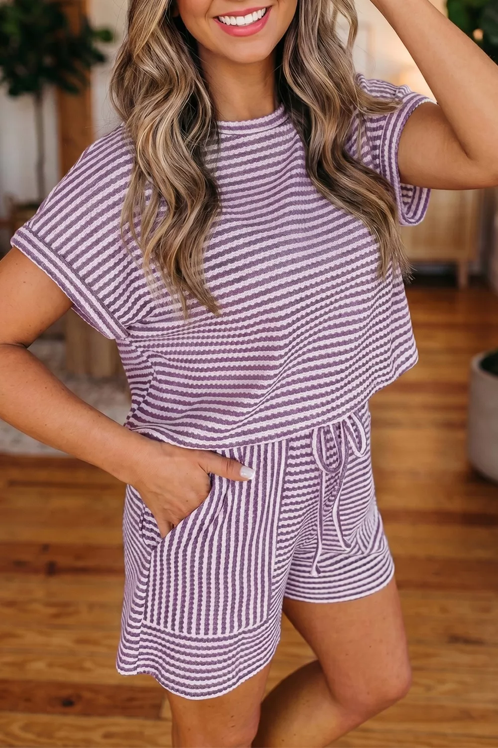 Stripe Breathable Textured Knit Short 2pcs Set - Image 3