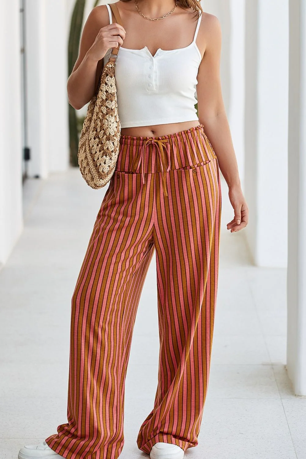 Stripe Button Pocket Tie Waist Casual Wide Leg Pants - Image 5