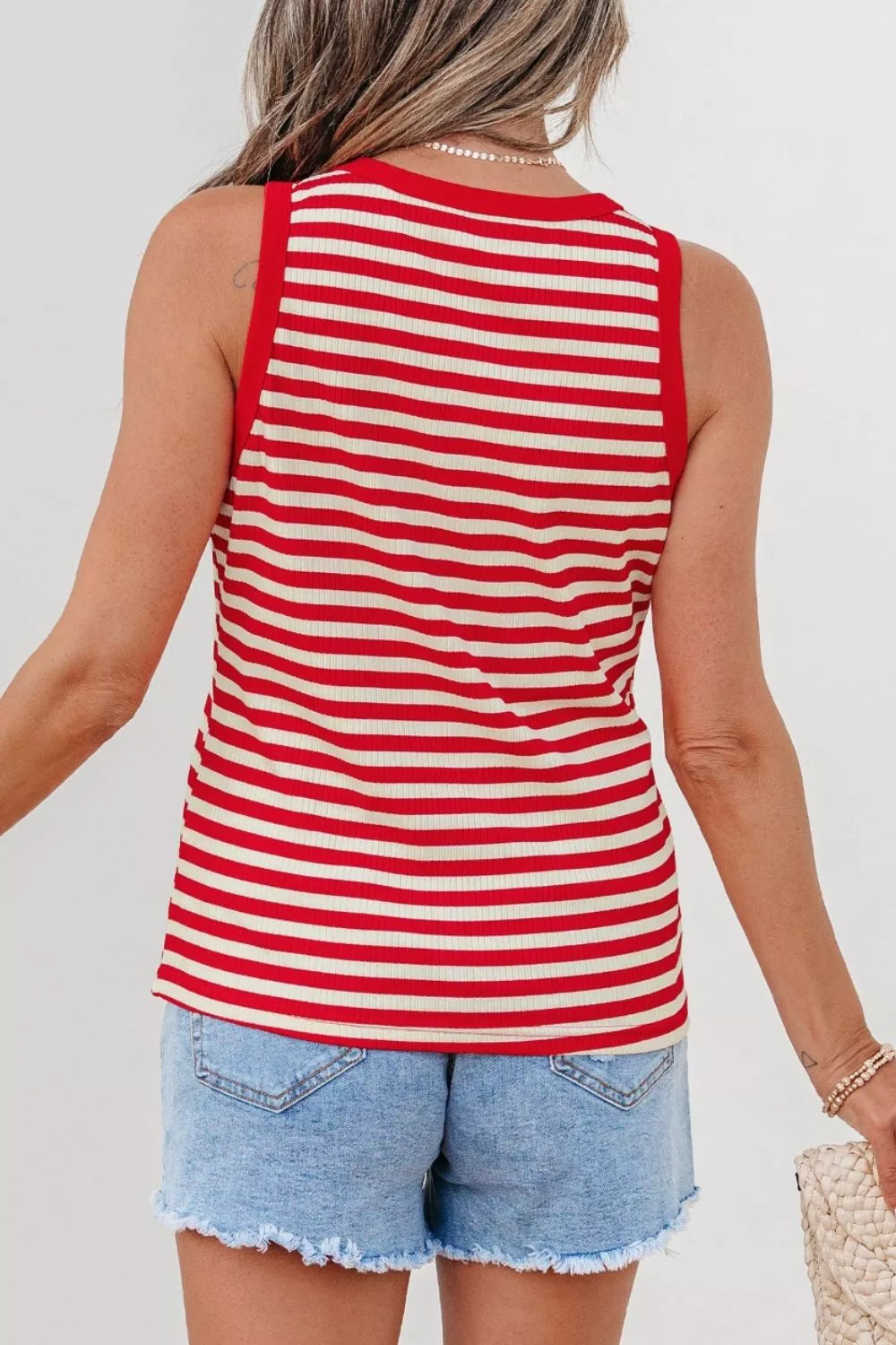 Stripe Buttoned Ribbed Knit Tank Top - Image 2