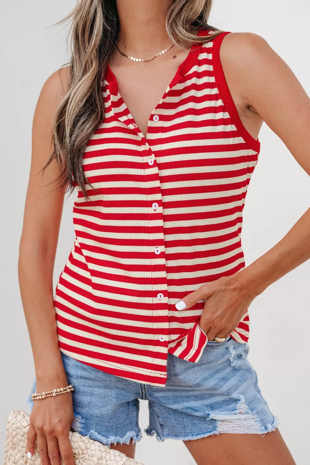 Stripe Buttoned Ribbed Knit Tank Top - Image 3