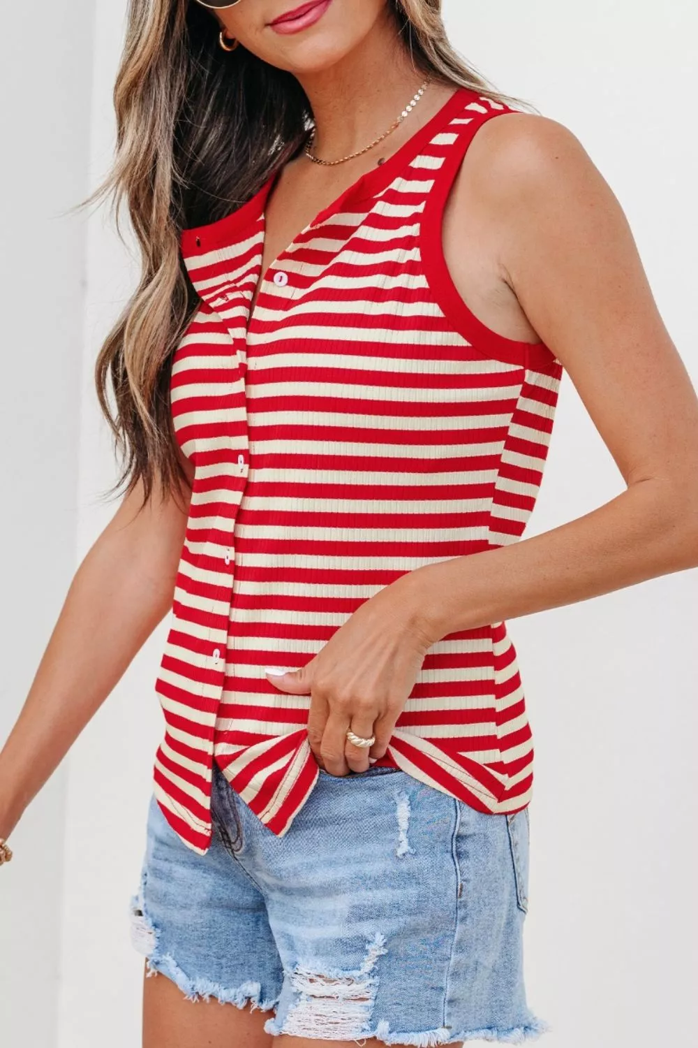 Stripe Buttoned Ribbed Knit Tank Top - Image 4