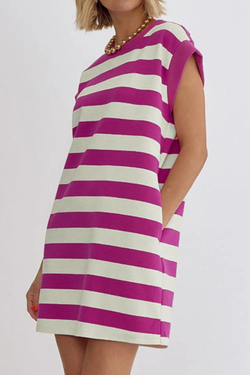 Stripe Cap Sleeve Pocketed Shift Tee Dress - Image 4