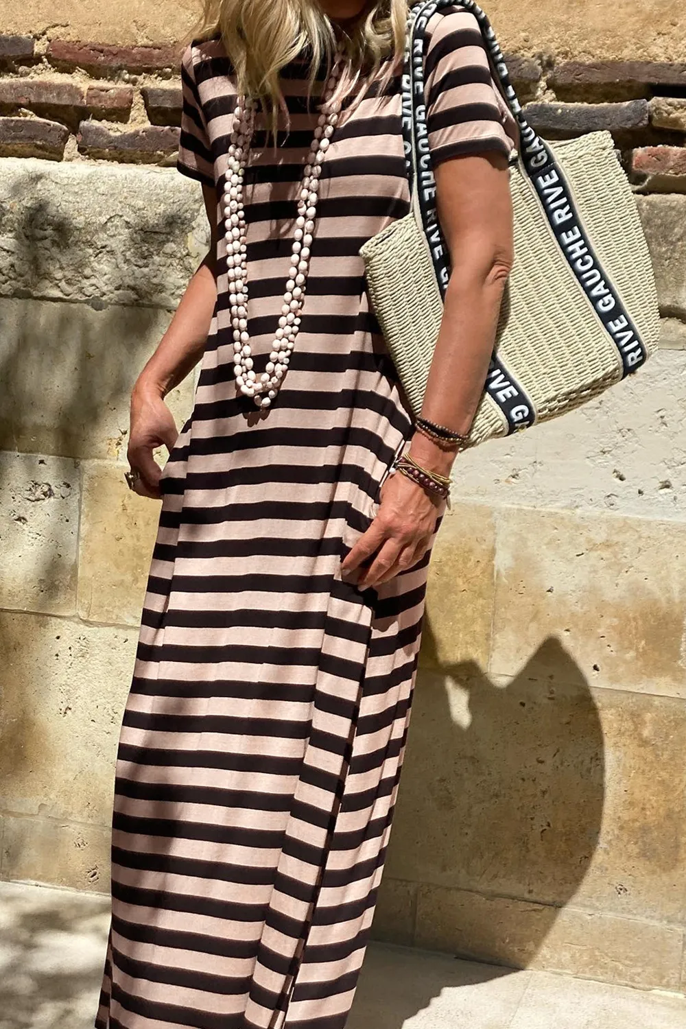 Stripe Casual Round Neck Tee Dress with Pockets - Image 3