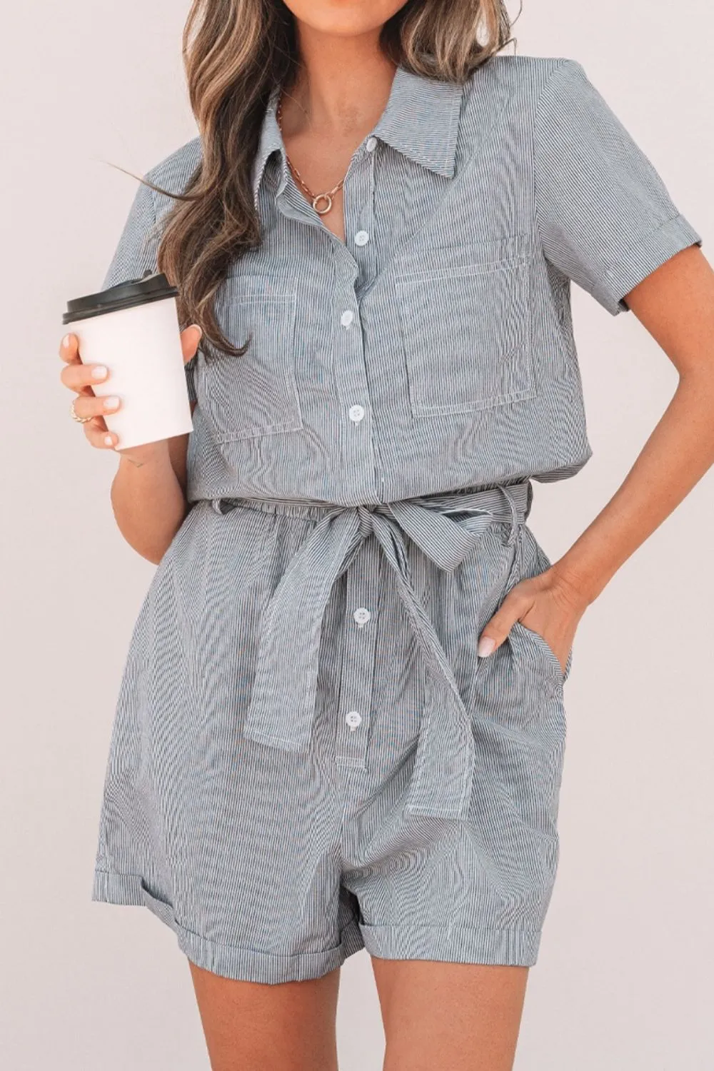 Stripe Chest Pockets Tie Waist Romper - Image 4